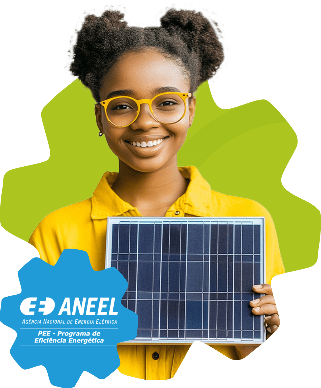 Garota negra e com óculos segurando uma placa solar representando um estudante participante da ONEE e logotipo da ANEEL.