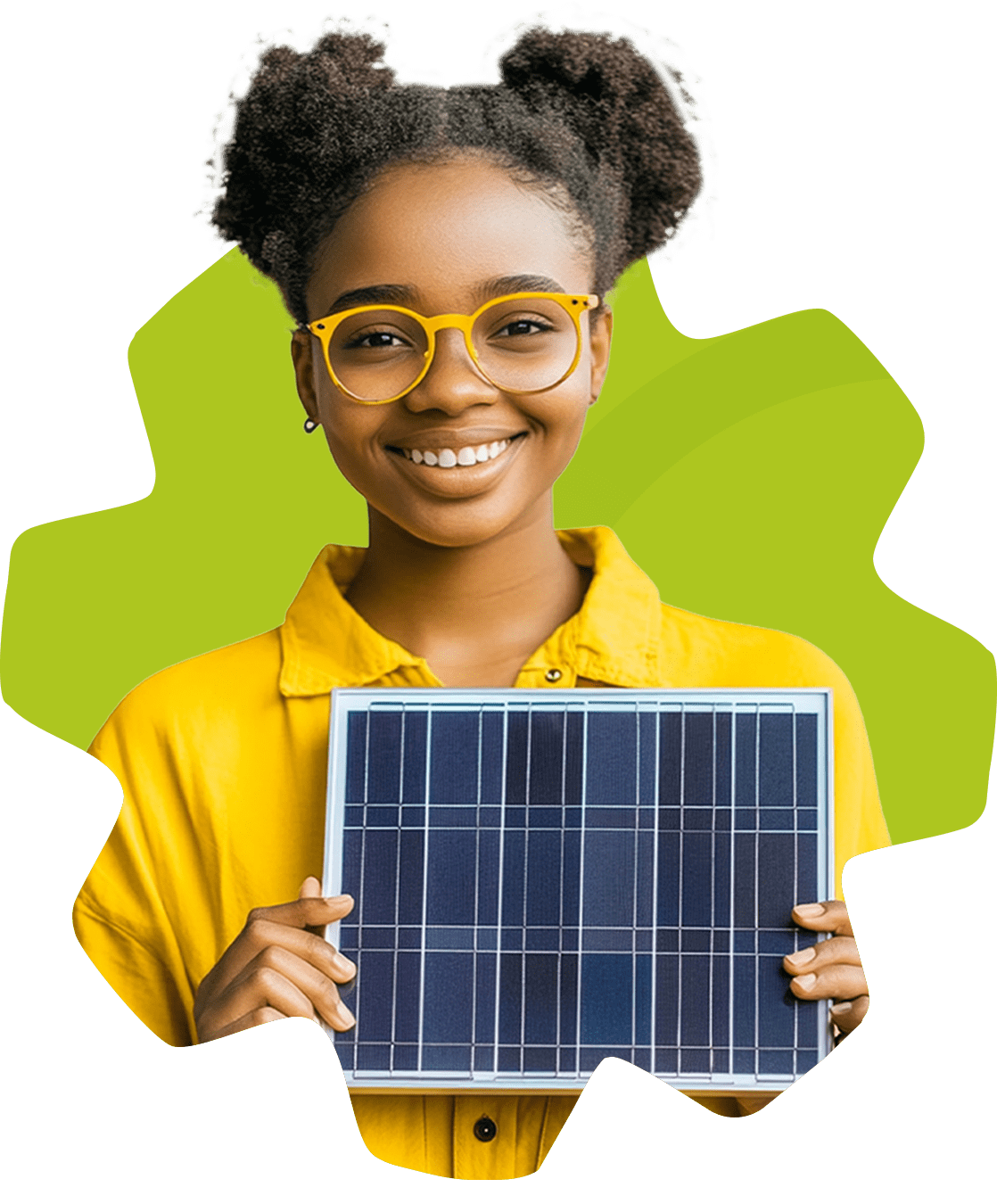 Garota negra e com óculos segurando uma placa solar representando um estudante participante da ONEE.