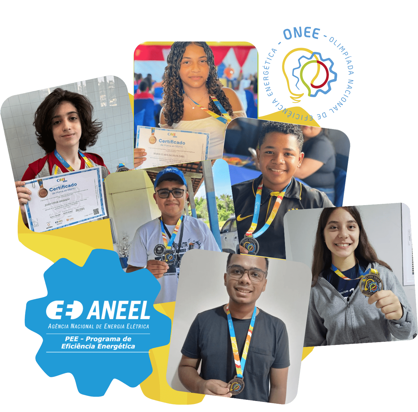 Fotos de 6 estudantes ganhadores de anos anteriores da ONEE - Olimpíada Nacional de Eficiência Energética com logotipo da ANEEL.