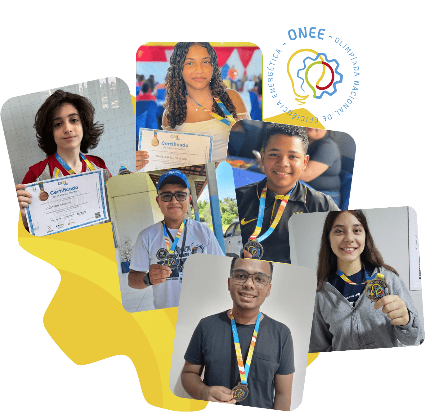 Fotos de 6 estudantes ganhadores de anos anteriores da ONEE - Olimpíada Nacional de Eficiência Energética.